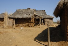 Case en armature bois et torchis, couverture chaume. Village sur les bords de la Tsiribihina